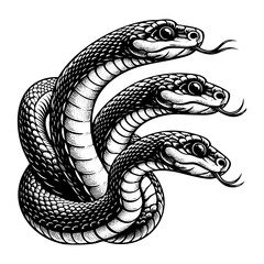 Fototapeta premium Three head snake sketch engraving sketch engraving black and white outline. Scratch board imitation. illustrated in vintage line art style on a white background.