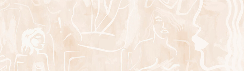 Soft White Line Art Faces on Beige Background - Elegant Minimalist Boho Wall Art Print