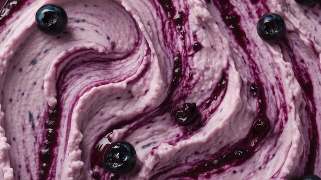 Creamy blueberry yogurt swirl with fresh whole berries and rich purple fruit puree in a smooth textured close up pattern