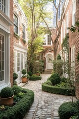 Naklejka premium A delightful brick courtyard garden filled with vibrant greenery and sophisticated hedges, basking in the warm sunlight of a lovely afternoon in the city