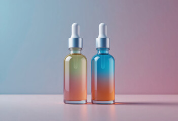 Modern Glass Dropper Bottles with Gradient Liquid – Vibrant 4K Product Photo