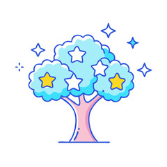 A cartoon tree with star shaped leaves glowing in the night sky