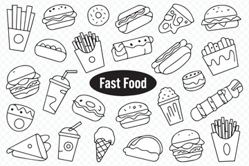 hand-drawn black and white fast food vector icons set with burger, fries, pizza, hot dog, taco, ice cream, soda and coffee