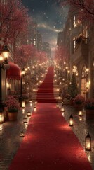 Fototapeta premium Elegant street adorned with red carpet and lanterns under a starry sky in a charming evening setting