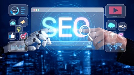 SEO concept for improving SEO visibility, with SEO related digital tools and SEO performance icons...
