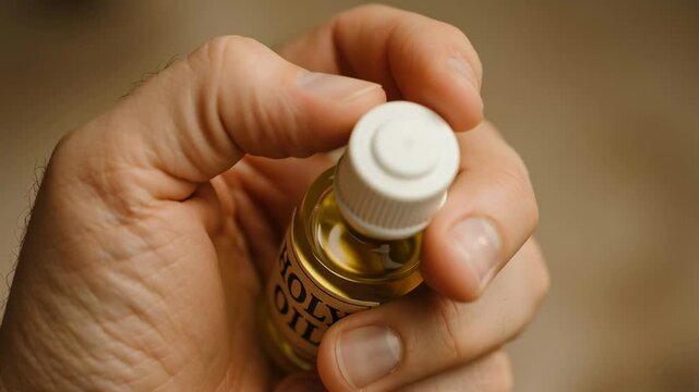 Hand holding small clear bottle of holy oil in close up, symbolizing spirituality, ritual healing, and religious blessing
