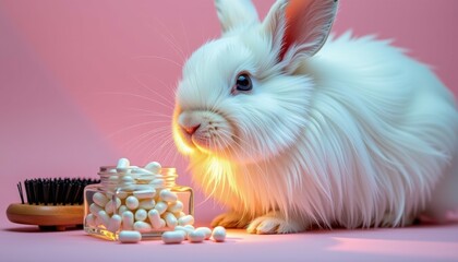 Close-up of a white fluffy rabbit with pink background surrounded by pills and tablets, illustrating health, medication, and pet care themes