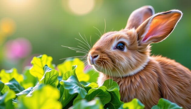 Close-up of a curious brown rabbit with tall ears among vibrant green and yellow foliage outdoors in a natural garden setting du daytime