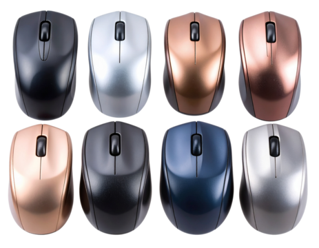 Angled Computer Mouse Bundle in Metallic and Matte Finishes, isolated on a transparent background png