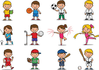 Kids Playing Sports Active Children, Team Games, and Fitness Cartoon Illustration