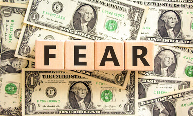 Fear symbol. Concept word Fear on beautiful wooden blocks. Dollar bills. Beautiful background from...