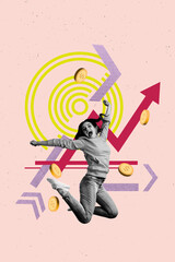 Sketch template collage of excited people win on pink background with coins arrows button figure