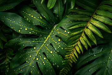 Fototapeta premium Lush green tropical leaves with droplets of water, detailed texture visible, dark green foliage background.