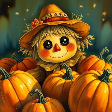 Fr&ouml;hliche Vogelscheuche mit gro&szlig;en Augen, K&uuml;rbissen und Sonnenblumen &ndash; herbstliches Kawaii-Design im malerischen Stil.