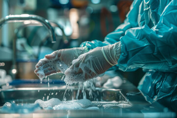 Surgical scrubbing, medical staff washing hands thoroughly before surgery in a hospital.