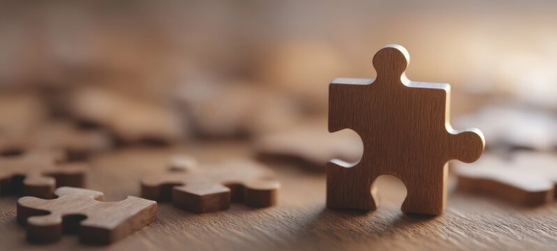The wooden puzzle piece resting on a beautifully crafted wooden surface. - Powered by Adobe