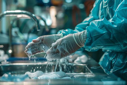Surgical scrubbing, medical staff washing hands thoroughly before surgery in a hospital. - Powered by Adobe