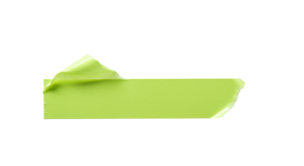 Vibrant lime green masking tape, partially peeled and roughly torn, presented horizontally on a transparent background with ample copy space, concept for graphic design element
