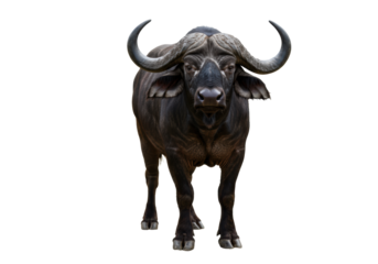 A powerful adult African Cape buffalo with muscular physique, dark textured hide, dominant bossed horns, and intense gaze stands still, full body against a pristine transparent studio background,