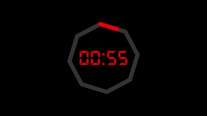 One minute countdown animation from 60 seconds to 0 seconds on a transparent background, One minute countdown timer with Digital text style