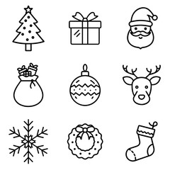 Fototapeta premium Christmas icons set including tree, Santa, reindeer, and gifts 