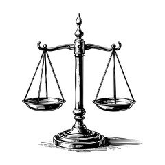 Scales of justice sketch engraving black and white outline. Scratch board imitation.  illustrated in vintage line art style on a white background.
