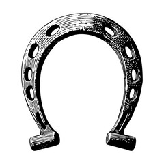 Horseshoe sketch engraving black and white outline. Scratch board imitation.  illustrated in vintage line art style on a white background.