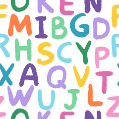 Cartoon hand-drawn alphabet seamless pattern, background. Cute children doodle illustratons