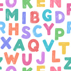 Cartoon alphabet, letters seamless pattern, background. Cute children doodle vector illustratons
