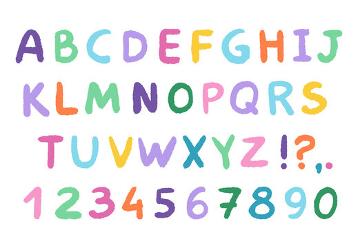 Cartoon hand-drawn alphabet, letters and figures. Cute children doodle illustratons, set of vector characters