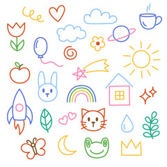 Kids, children doodles, drawings, scribbles. Set of hand-drawn illustrations