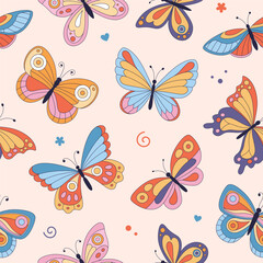 Decorative cartoon style butterflies, seamless pattern, background