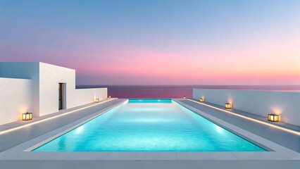 Serene Infinity Pool at Dusk Reflecting a Colorful Sky and Tranquil Ocean Scene with Elegant Lighting and Modern Architecture
