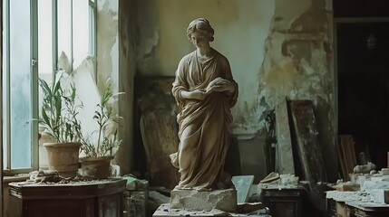 A professional artist painting with brushes and palette

