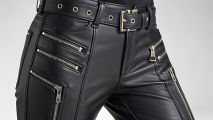 Edgy Black Leather Pants with Zipper Details and Bold Belt Stylish and Modern Design for Fashion Forward Individuals