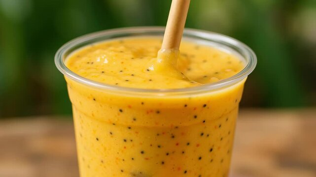 Fresh tropical mango smoothie in a clear cup with a biodegradable straw, creamy and cold drink with visible chia seeds outdoors