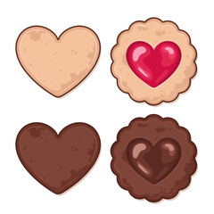 Heart-shaped biscuits, cookies in a shape of a heart, cute kawaii cartoon style illustration