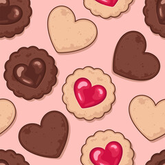 Heart-shaped biscuits pattern, background. Cookies in a shape of a heart, cute kawaii cartoon style illustration
