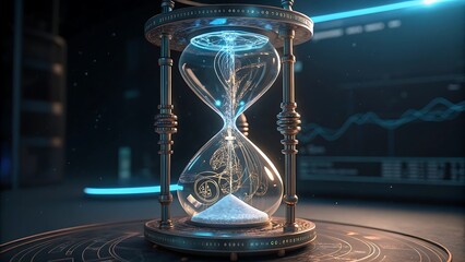 Futuristic hourglass with glowing blue energy and data visualization in a dark setting