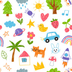Kids, children doodles, drawings, scribbles seamless pattern, background. Set of hand-drawn illustrations