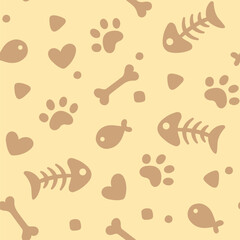 Pet paws and food seamless pattern, background. Cat and dog cartoon style illustration