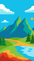 Fototapeta premium Vibrant flat design landscape with mountains lake and winding path