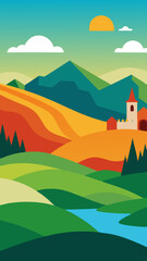 Fototapeta premium Stylized landscape with rolling hills a village and mountains under a sunny sky