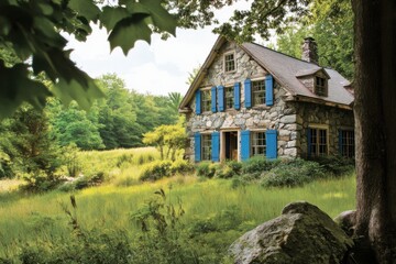 Nestled in a serene rural landscape, this delightful stone house features striking blue shutters and is enveloped by vibrant, lush greenery under the bright sun