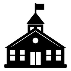 Simple Black and White School Building Icon with Flag on Top
