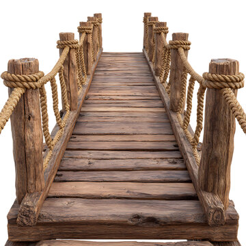 Fototapeta Rustic wooden rope bridge walkway with weathered planks and sturdy posts isolated on transparent background