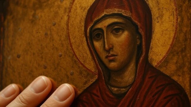 Person's hand respectfully touching a religious painted icon of a saint with a golden halo, conveying faith and spirituality