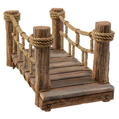 Obraz premium Rustic wooden footbridge with thick rope railings isolated on transparent background