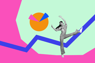 Creative full art collage of happy businesswoman businessman stand graph development stats diagram...