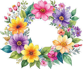 Delicate flower wreath with soft hues. Pastel-colored floral wreath with green leaves. Floral wreath with pink and yellow blooms. Hand-drawn floral wreath with vibrant flowers